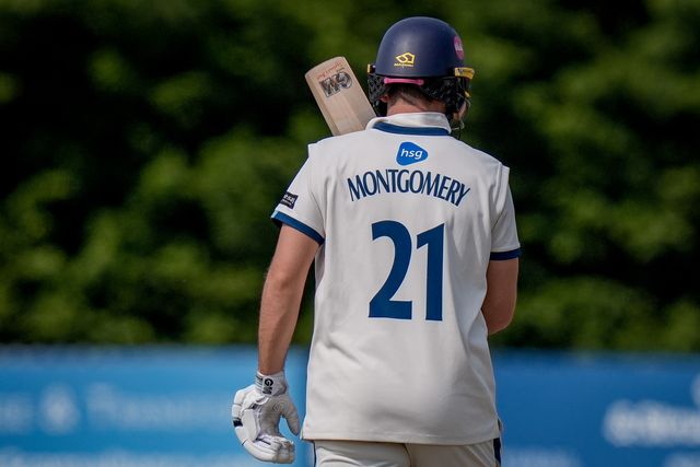 Matthew Montgomery raises his bat towards the pavilion after scoring a half century during the County Championship Division Two Derbyshire v Gloucestershire at The Central Co-Op County Ground, Derby, United Kingdom on 26 April 2026

(Photo by Maynard Manyowa/News Images)