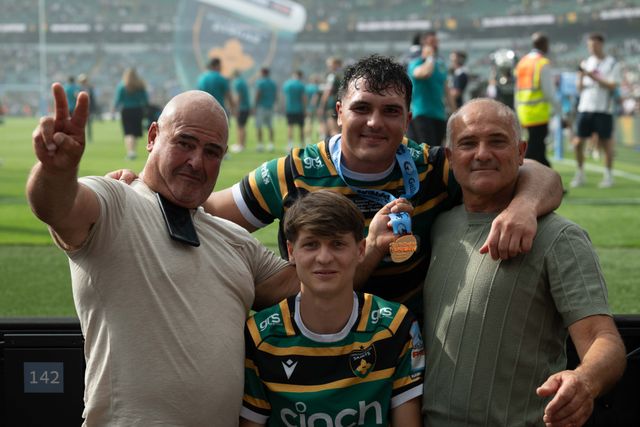 Danilo Fischetti of Northampton Saints and his family celebrating after the Gallagher PREM Final match Northampton Saints vs Exeter Chiefs at Allianz Stadium, Twickenham, United Kingdom on 20 June 2026.

(Photo by Alex Williamson/News Images)