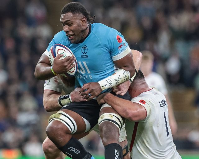 Elia Canakaivata of Fiji is tackled by Ellis Genge and Joe Heyes of England during the Quilter Nations Series 2025 match England vs Fiji at Allianz Stadium, Twickenham, United Kingdom, 8th November 2025

(Photo by Mark Cosgrove/News Images)

*** GER AUT SUI OUT ***