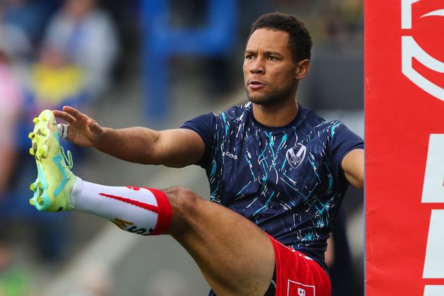Moses Mbye of St. Helens during the pre-game warm up ahead of the Betfred Super League Round 25 match Warrington Wolves vs St Helens at Halliwell Jones Stadium, Warrington, United Kingdom, 7th September 2024

(Photo by Gareth Evans/News Images)