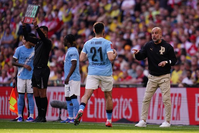 Josep Guardiola manager of Manchester City gives instructions out to Rayan Ait-Nouri of Manchester City during the Emirates FA Cup Semi-Final match Manchester City vs Southampton at Wembley Stadium, London, United Kingdom on 25 April 2026

(Photo by Harvey Murphy/News Images)