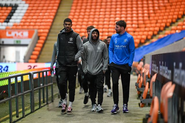 Ashley Fletcher, Dom Thompson and James Husband of Blackpool arrive ahead of the Vertu Trophy match Blackpool vs Aston Villa U21 at Bloomfield Road, Blackpool, United Kingdom, 17th December 2024

(Photo by Craig Thomas/News Images)