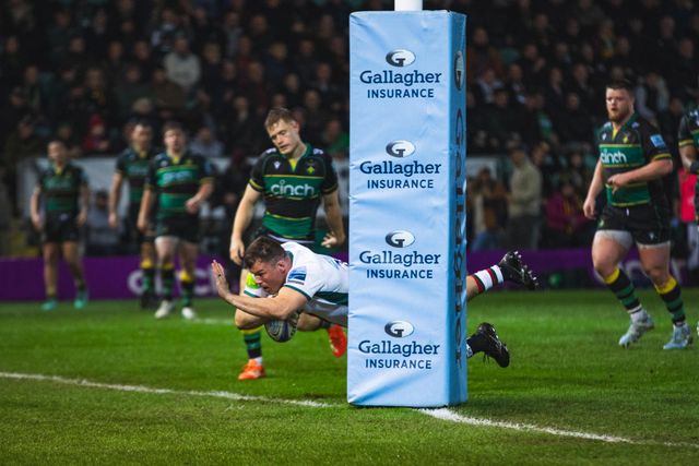 Charlie Claire goes over for Leicester Tigers fourth try of the match during the Gallagher Premiership match Northampton Saints vs Leicester Tigers at Cinch Stadium at Franklin's Gardens, Northampton, United Kingdom, 21st March 2025

(Photo by Craig Evans/News Images)