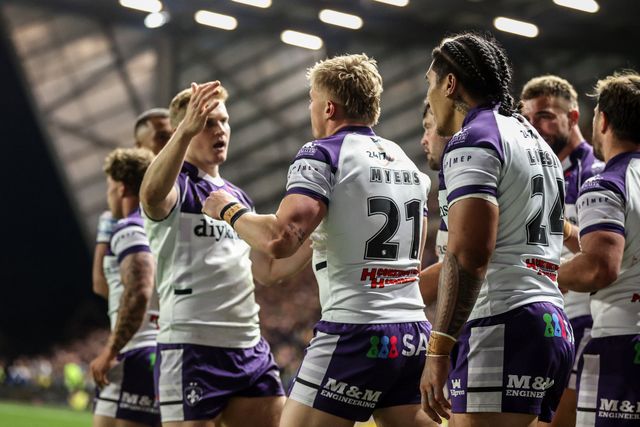 Jayden Myers of Wakefield Trinity celebrates his try during the Betfred Super League round 10 match Leeds Rhinos vs Wakefield Trinity at AMT Headingley Stadium, Leeds, United Kingdom on 01 May 2026

(Photo by Alfie Cosgrove/News Images)