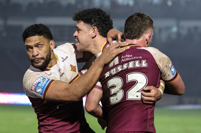 Jacob Gagai of Huddersfield Giants celebrates his try with team mates during the Betfred Super League Round 5 match Bradford Bulls vs Huddersfield Giants at Odsal Stadium, Bradford, United Kingdom on 20 March 2026

(Photo by Mark Cosgrove/News Images)