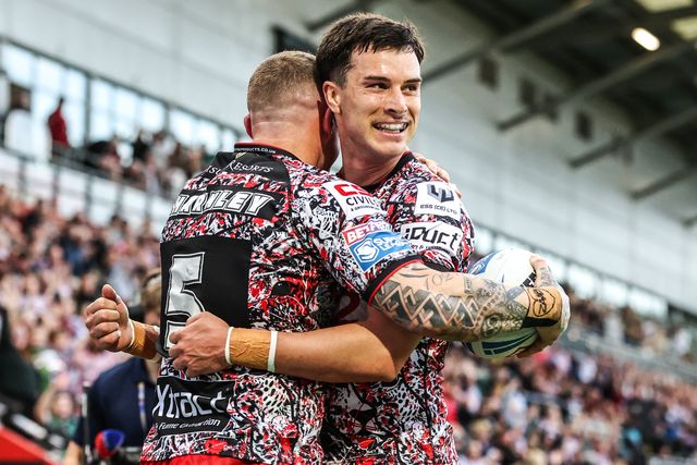 Josh Charnley of Leigh Leopards celebrates his try during the Betfred Super League round 12 match Leigh Leopards vs Hull FC at Leigh Sports Village, Leigh, United Kingdom on 22 May 2026

(Photo by Alfie Cosgrove/News Images)