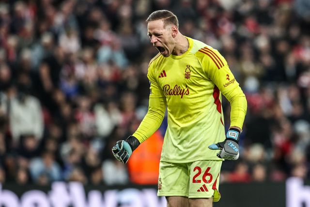 Nottingham Forest goalkeeper Matz Sels celebrates a goal from teammate Morgan Gibbs-White of Nottingham Forest to make it 0-3 during the Premier League match Sunderland vs Nottingham Forest at Stadium Of Light, Sunderland, United Kingdom on 24 April 2026

(Photo by Alfie Cosgrove/News Images)