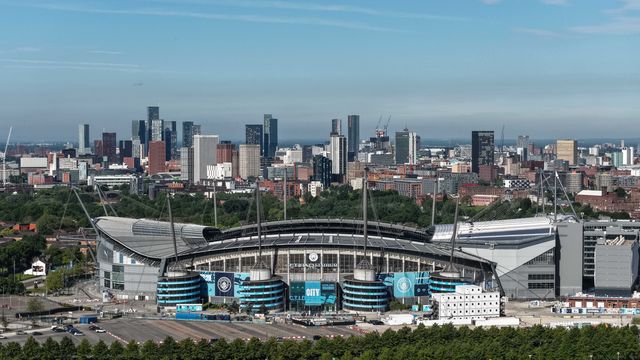 An aerial view of The Etihad Stadium and the high-rise buildings of the city of Manchester  during the Premier League match Manchester City vs Aston Villa at Etihad Stadium, Manchester, United Kingdom on 24 May 2026

(Photo by Mark Cosgrove/News Images)
