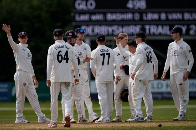 Shoaib Bashir walks off after being given out LBW off the bowling of Graeme van Buuren as Gloucestershire players celebrate a wicket during the County Championship Division Two Derbyshire v Gloucestershire at The Central Co-Op County Ground, Derby, United Kingdom on 26 April 2026

(Photo by Maynard Manyowa/News Images)