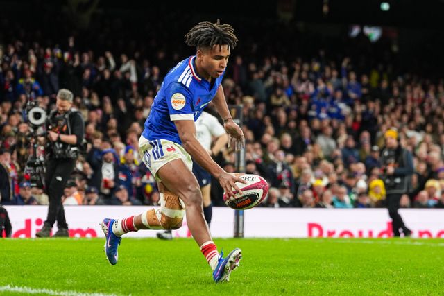 Theo Attissogbe of France scores a try for his team during the Guinness Six Nations match Wales vs France at Principality Stadium, Cardiff, United Kingdom, 15th February 2026

(Photo by Andrew Lewis/News Images)
