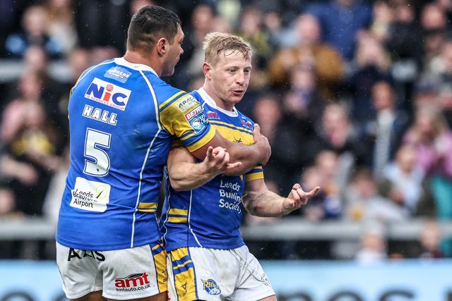 Lachlan Miller of Leeds Rhinos celebrates his try during the Betfred Super League Round 8 match Leeds Rhinos vs Huddersfield Giants at Headingley Stadium, Leeds, United Kingdom, 18th April 2025

(Photo by Alfie Cosgrove/News Images)