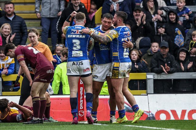 Ryan Hall of Leeds Rhinos celebrates his try during the Betfred Super League Round 8 match Leeds Rhinos vs Huddersfield Giants at Headingley Stadium, Leeds, United Kingdom, 18th April 2025

(Photo by Alfie Cosgrove/News Images)