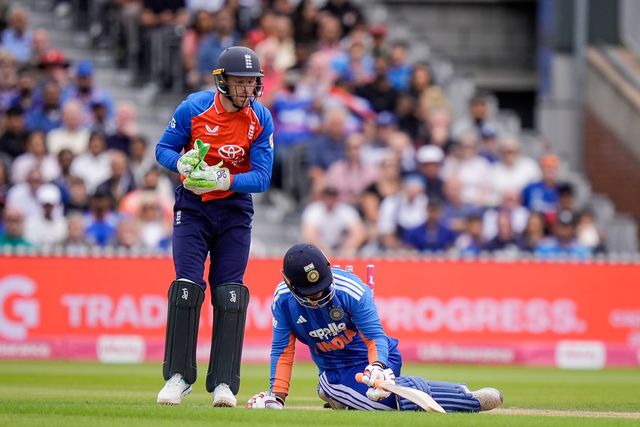 Vaibhav Sooryavanshi of India is stumped by Jos Buttler of England during the Second Vitality T20 International match England vs India at Old Trafford, Manchester, United Kingdom on 04 July 2026

(Photo by Maynard Manyowa/News Images)