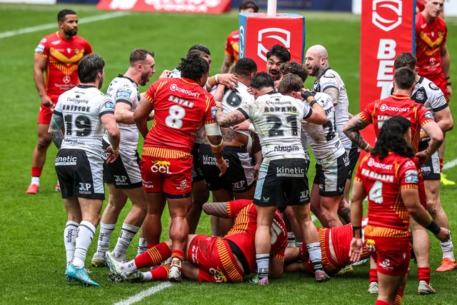 Sam Lisone of Hull FC celebrates his try during the Betfred Super League round 6 match Hull FC vs Catalans Dragons at MKM Stadium, Hull, United Kingdom on 29 March 2026

(Photo by Alfie Cosgrove/News Images)