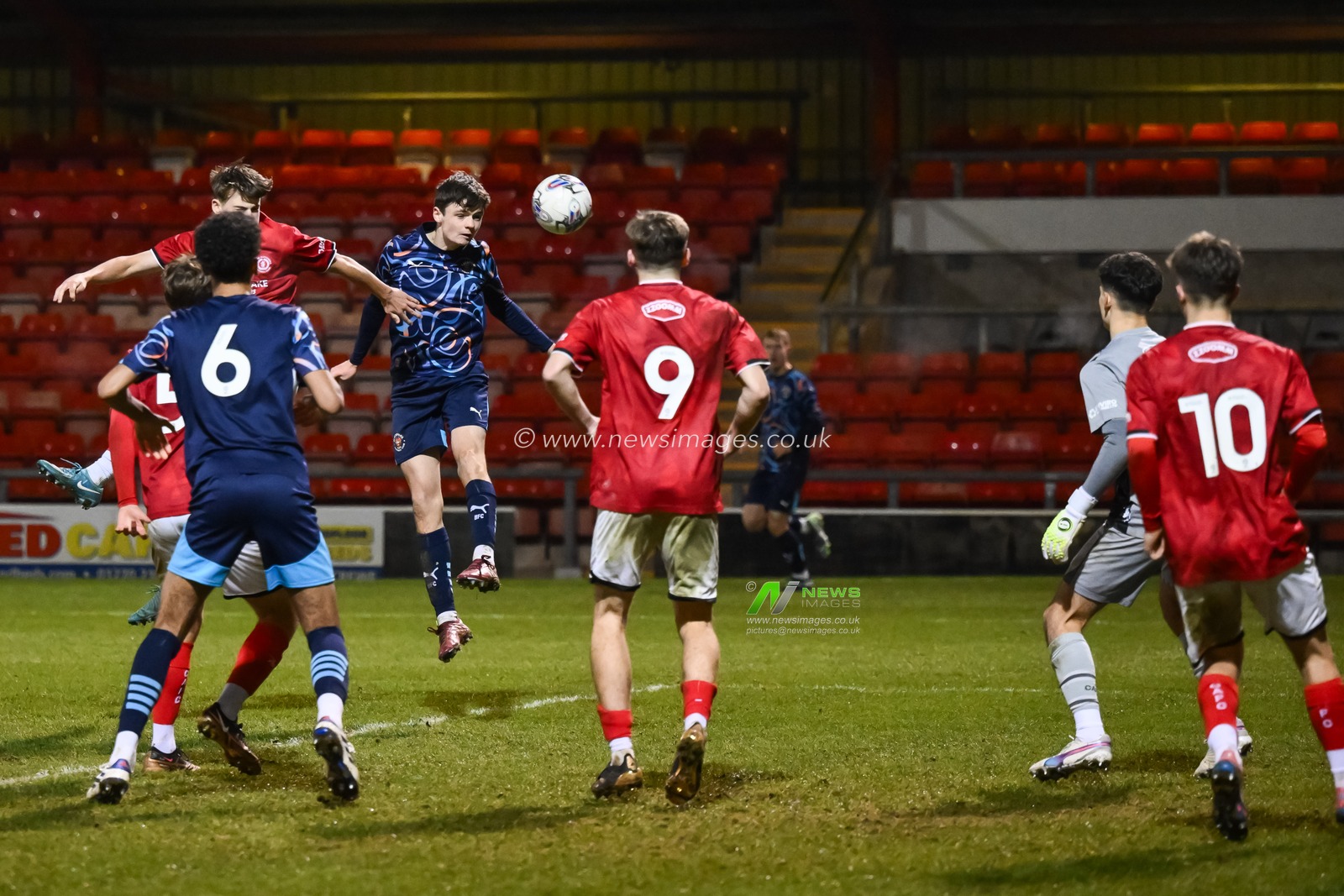 George Elder of Blackpool heads on goal during the FA Youth Cup U18â€™s match Crewe Alexandra vs Blackpool at The Mornflake Stadium, Crewe, United Kingdom, 27th November 2024

(Photo by Craig Thomas/News Images)