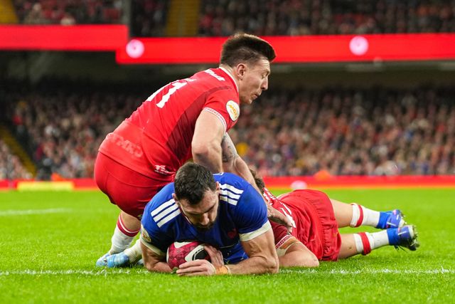 Charles Ollivon of France scores a try for his team during the Guinness Six Nations match Wales vs France at Principality Stadium, Cardiff, United Kingdom, 15th February 2026

(Photo by Andrew Lewis/News Images)