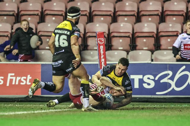 Liam Marshall of Wigan Warriors goes over for a try during the Betfred Super League round 5 match Wigan Warriors vs York Knights at The Brick Community Stadium, Wigan, United Kingdom on 19 March 2026

(Photo by Alfie Cosgrove/News Images)