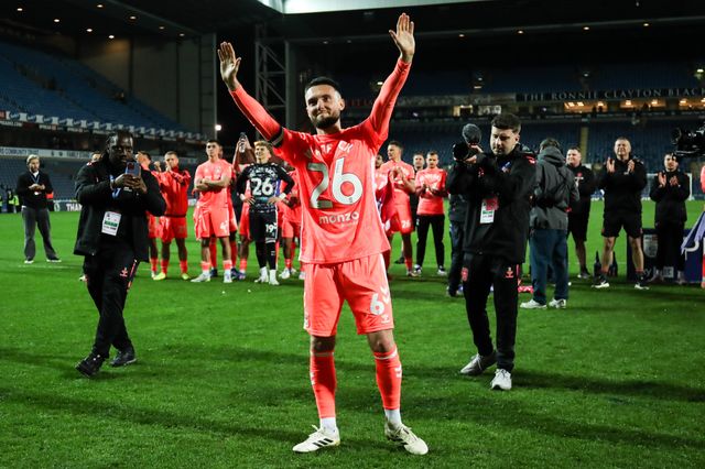 Matt Grimes of Coventry City celebrates promotion back to the Premier League after the Sky Bet Championship match Blackburn Rovers vs Coventry City at Ewood Park, Blackburn, United Kingdom on 17 April 2026

(Photo by Jorge Horsted/News Images)