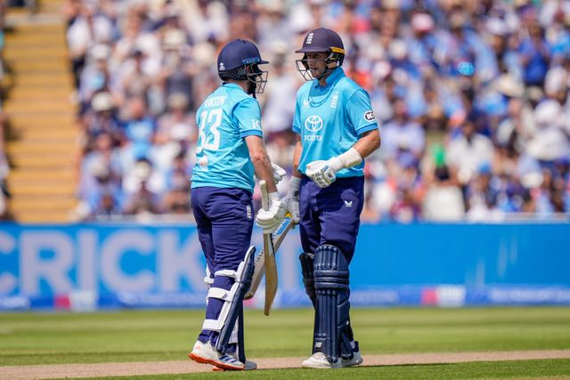 Liam Dawson of England celebrates a half century with Joe Root of England  during the 1st Metro Bank ODI match England vs India at Edgbaston, Birmingham, United Kingdom on 14 July 2026

(Photo by Maynard Manyowa/News Images)