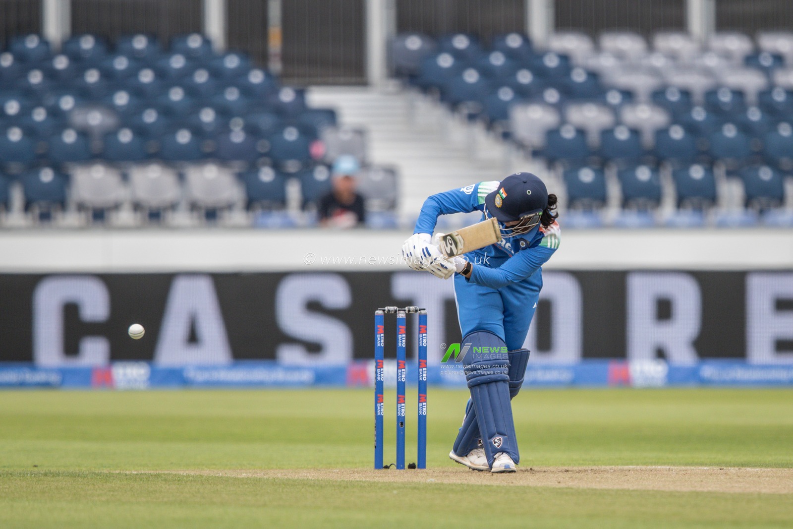 Smriti Mandhana of India plays a shot during the 3rd Metro Bank One Day International England Women vs India Women at Banks Homes Riverside Stadium, Chester-le-street, United Kingdom, 22nd July 2025

(Photo by Alfie Cosgrove/News Images)