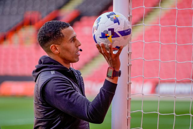 Referee Farai Hallam tests the goal line technology prior to kick off during the Sky Bet Championship match Sheffield United vs Blackburn Rovers at Bramall Lane, Sheffield, United Kingdom on 22 April 2026

(Photo by Maynard Manyowa/News Images)