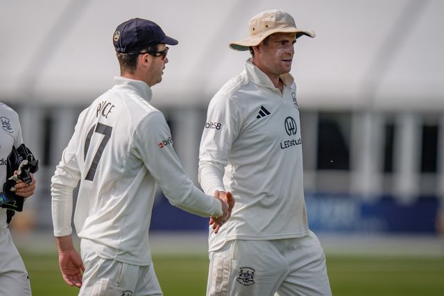 Oliver Price celebrates catching Zak Chappell off the bowling of Ed Middleton during the County Championship Division Two Derbyshire v Gloucestershire at The Central Co-Op County Ground, Derby, United Kingdom on 26 April 2026

(Photo by Maynard Manyowa/News Images)