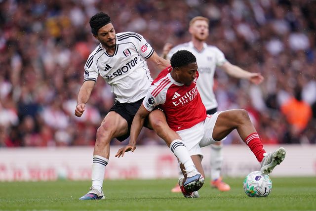 Raul Jimenez of Fulham and Myles Lewis-Skelly of Arsenal battle during the Premier League match Arsenal vs Fulham at Emirates, London, United Kingdom on 02 May 2026

(Photo by Harvey Murphy/News Images)