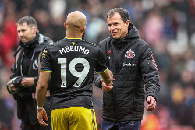 Bryan Mbeumo of Manchester United shakes hands with Regis Le Bris manager of Sunderland after the game during the Premier League match Sunderland vs Manchester United at Stadium Of Light, Sunderland, United Kingdom on 09 May 2026

(Photo by Alfie Cosgrove/News Images)