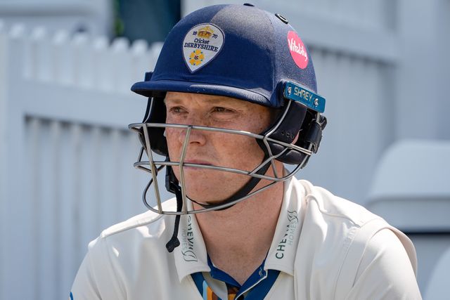 Harry Came of Derbyshire sits on a bench before walking out to open the batting during the County Championship Division Two Derbyshire vs Northamptonshire day one match at The Central Co-Op County Ground, Derby, United Kingdom on 08 May 2026

(Photo by Maynard Manyowa/News Images)