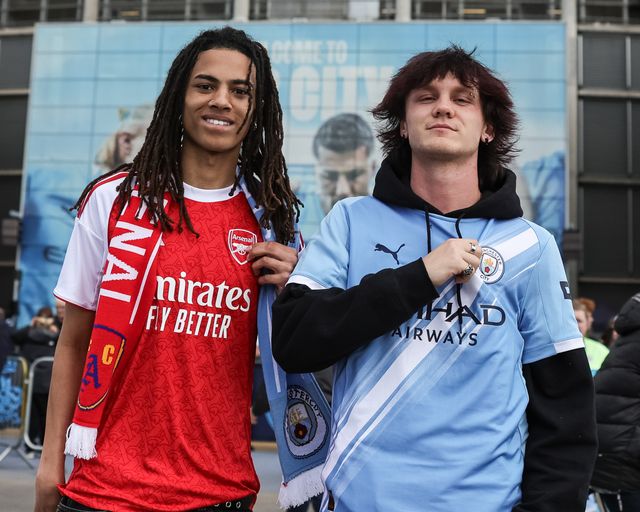 Manchester City and Arsenal fans who are friends  are both attending the game during the Premier League match Manchester City vs Arsenal at Etihad Stadium, Manchester, United Kingdom on 19 April 2026

(Photo by Mark Cosgrove/News Images)