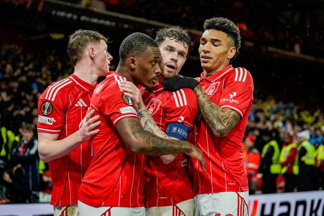 Callum Hudson-Odoi of Nottingham Forest celebrates his goal to make it  1-2 during the UEFA Europa League 
Knockout Round Play-offs match Nottingham Forest vs Fenerbahce at City Ground, Nottingham, United Kingdom on 26 February 2026

(Photo by Maynard Manyowa/News Images)