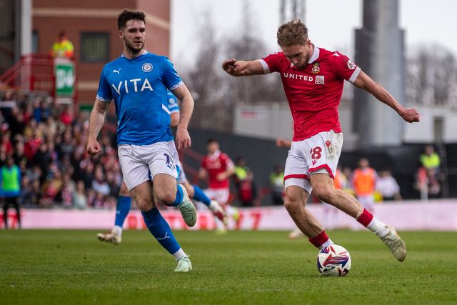 Wrexham's Sam Smith  shoots towards goal during the Sky Bet League 1 match Wrexham vs Stockport County at SToK Cae Ras, Wrexham, United Kingdom, 22nd March 2025

(Photo by Nik Mesney/News Images)
