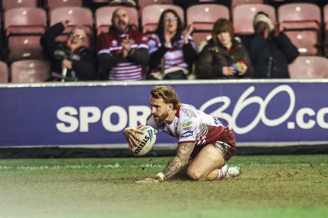 Adam Keighran of Wigan Warriors goes over for a try during the Betfred Super League round 5 match Wigan Warriors vs York Knights at The Brick Community Stadium, Wigan, United Kingdom on 19 March 2026

(Photo by Alfie Cosgrove/News Images)
