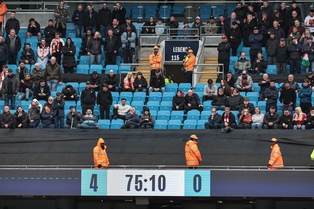 The Liverpool end starts to empty with 15 minutes left on the clock and City winning 4-0 during the Emirates FA Cup Quarter-Final match Manchester City vs Liverpool at Etihad Stadium, Manchester, United Kingdom on 04 April 2026

(Photo by Mark Cosgrove/News Images)
