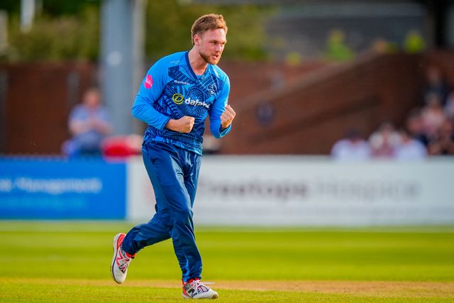 Jack Morley of Derbyshire celebrates taking the wicket of David Bedingham of Durham during the Vitality Blast T20 match between Derbyshire Falcons and Durham Cricket at The Central Co-Op County Ground, Derby, United Kingdom on 22 May 2026

(Photo by Maynard Manyowa/News Images)