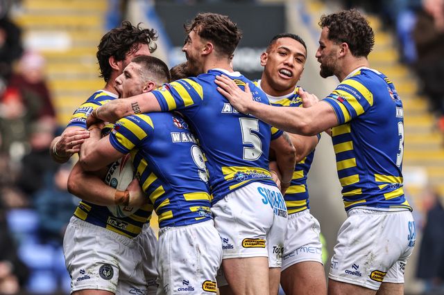 George Williams of Warrington Wolves celebrates his try during the Betfred Super League round 7 match Warrington Wolves vs Leigh Leopards at The Halliwell Jones Stadium, Warrington, United Kingdom on 04 April 2026

(Photo by Alfie Cosgrove/News Images)