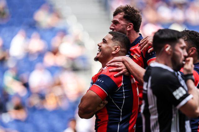 Caleb Hamlin-Uele of Wakefield Trinity celebrates his try during the Betfred Super League Magic Weekend match Wakefield Trinity vs Castleford Tigers at Hill Dickinson Stadium, Liverpool, United Kingdom on 05 July 2026

(Photo by Alfie Cosgrove/News Images)