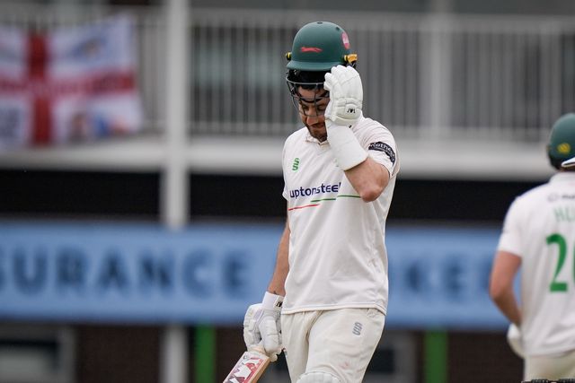 Stephen Eskinazi celebrates scoring his 100 as he reaches a century during the County Championship Division One day 3 Leicestershire vs Nottinghamshire at Grace Road, Leicester, United Kingdom on 03 May 2026

(Photo by Maynard Manyowa/News Images)