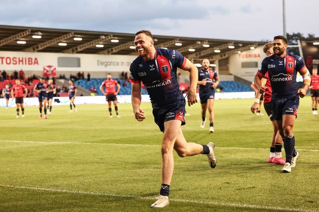 Joe Burgess of Hull KR goes over for his fourth try during the Betfred Super League Round 20 Salford Red Devils vs Hull KR at Salford Community Stadium, Eccles, United Kingdom, 31st July 2025

(Photo by Mark Cosgrove/News Images)