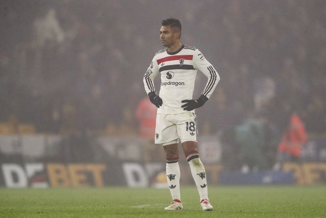 Casemiro of Manchester United reacts to his side conceding a goal to make it 2-0 during the Premier League match Wolverhampton Wanderers vs Manchester United at Molineux, Wolverhampton, United Kingdom, 26th December 2024

(Photo by Gareth Evans/News Images)