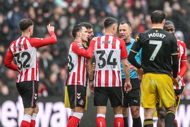 Granit Xhaka of Sunderland appeals to referee Stuart Attwell during the Premier League match Sunderland vs Manchester United at Stadium Of Light, Sunderland, United Kingdom on 09 May 2026

(Photo by Alfie Cosgrove/News Images)