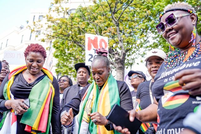 UK-based Zimbabweans gather outside the Zimbabwe Embassy in London on 18 April 2026 to protest the Constitution of Zimbabwe Amendment (No. 3) Bill, which critics say would extend President Mnangagwa’s rule until 2030 and strip citizens of the direct vote for president.

(Photo by Maynard Manyowa/News Images)