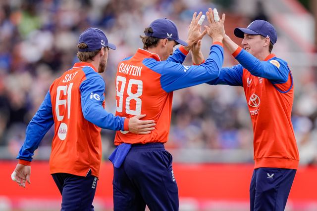 England captain Harry Brook celebrates Tom Banton of England catching the ball to dismiss India captain Shreyas Iyer during the Second Vitality T20 International match England vs India at Old Trafford, Manchester, United Kingdom on 04 July 2026

(Photo by Maynard Manyowa/News Images)
