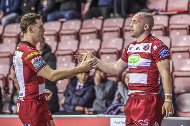 Liam Marshall of Wigan Warriors celebrates his try to make it 22-0 during the Betfred Super League Round 26 match Wigan Warriors vs Castleford Tigers at The Brick Community Stadium, Wigan, United Kingdom, 12th September 2025

(Photo by Alfie Cosgrove/News Images)