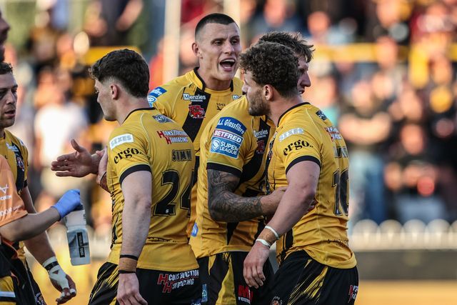 George Lawler of Castleford Tigers celebrates his try during the Betfred Super League round 17 match Castleford Tigers vs Huddersfield Giants at The Mend-A-Hose Jungle, Castleford, United Kingdom, 3rd July 2025

(Photo by Alfie Cosgrove/News Images)