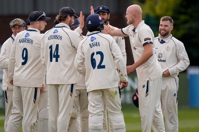 Zak Chappell of Derbyshire celebrates taking a wicket during the County Championship Division Two Derbyshire vs Northamptonshire day four match at The Central Co-Op County Ground, Derby, United Kingdom on 11 May 2026

(Photo by Maynard Manyowa/News Images)