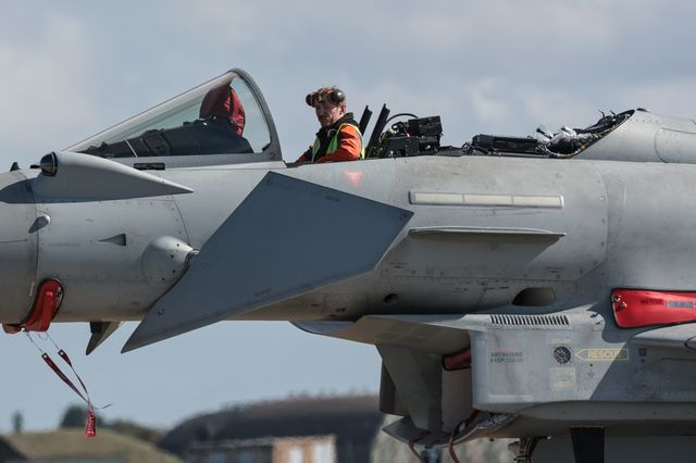 A RAF Eurofighter Typhoon FGR Mk4 taxies back to the pan without its canopy attached during a routine maintenance service during a flight training day at RAF Coningsby, Coningsby, United Kingdom, 22nd September 2025

(Photo by Mark Cosgrove/News Images)