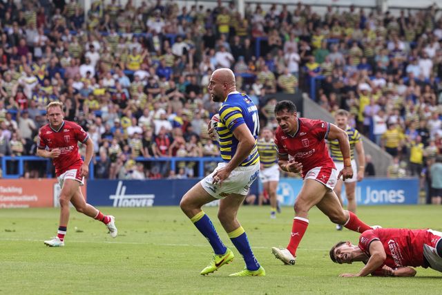 James Harrison of Warrington Wolves goes over for a try during the Betfred Super League round 19 match Warrington Wolves vs Hull KR at The Halliwell Jones Stadium, Warrington, United Kingdom on 18 July 2026

(Photo by Mark Cosgrove/News Images)