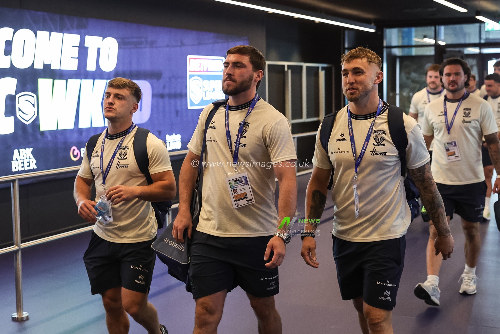 Leon Hayes of Warrington Wolves Adam Holroyd of Warrington Wolves and Sam Powell of Warrington Wolves arrive during the Betfred Super League Magic Weekend match Leigh Leopards vs Warrington Wolves at Hill Dickinson Stadium, Liverpool, United Kingdom on 04 July 2026

(Photo by Mark Cosgrove/News Images)