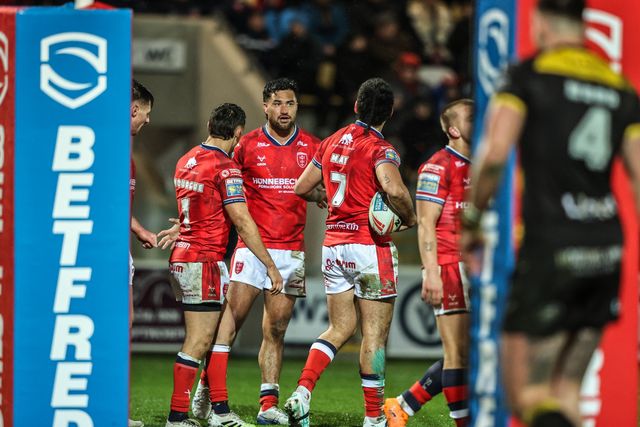 Tyrone May of Hull KR celebrates his try making it 0-4 during the Betfred Super League Round 1 match York Knights vs Hull KR at LNER Community Stadium, Lincoln, United Kingdom on 12 February 2026

(Photo by Alfie Cosgrove/News Images)